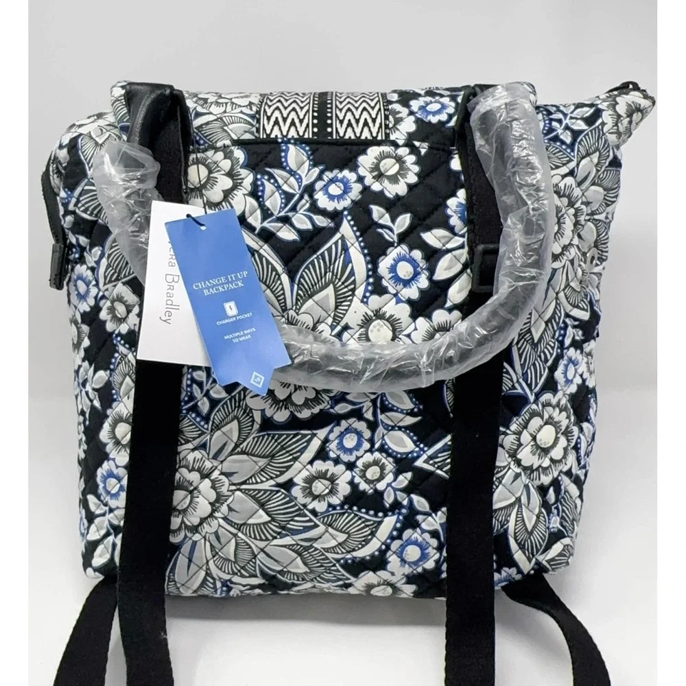 NEW VERA BRADLEY Change It Up Backpack Snow Lotus 22519-I66‎ Black White Blue